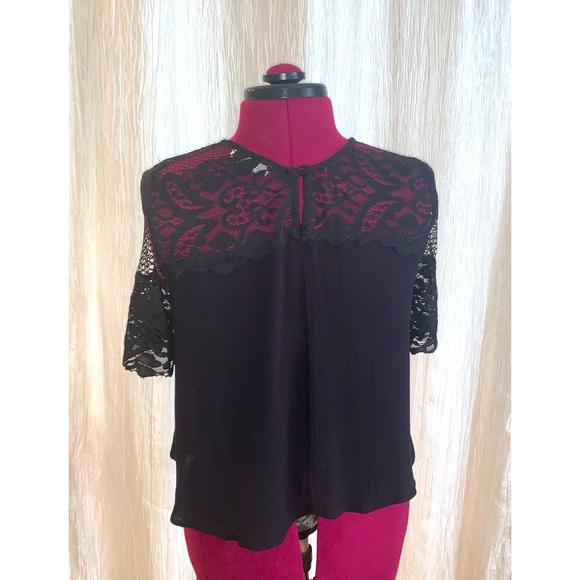 Elodie Junior's Small Black Lace Crop Top Short Sleeve Applique with Collar - Picture 2 of 8